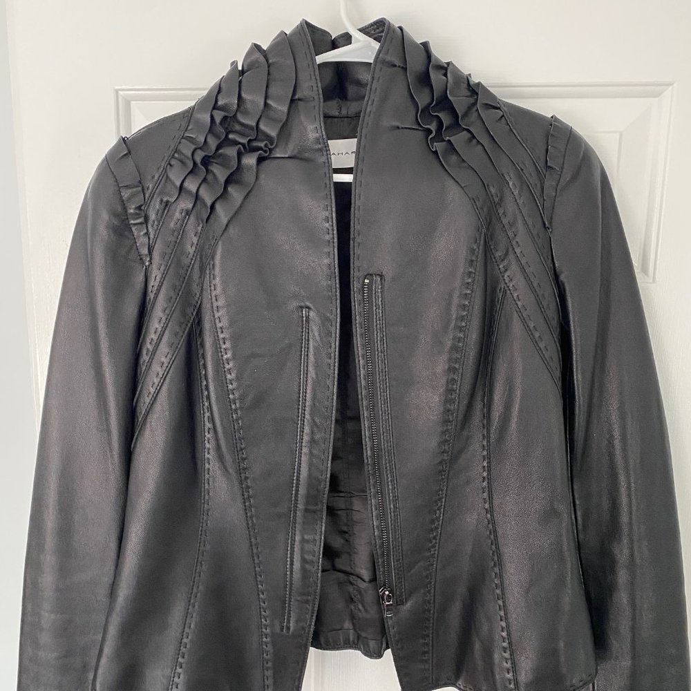 T Tahari ruffled 100% genuine leather jacket